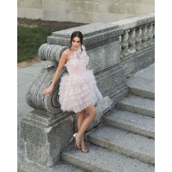 Mac Duggal NEW Tulle‎ Ruffle One Shoulder Mini Dress Pastel Mauve $698 - Size 2 - Picture 15 of 15